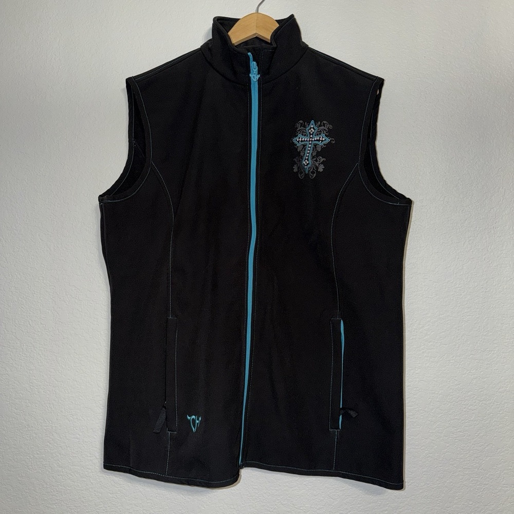 Cowgirl Hardware XXL Black Western Vest Turquoise Rhinestone Cross Full Zip Y2K